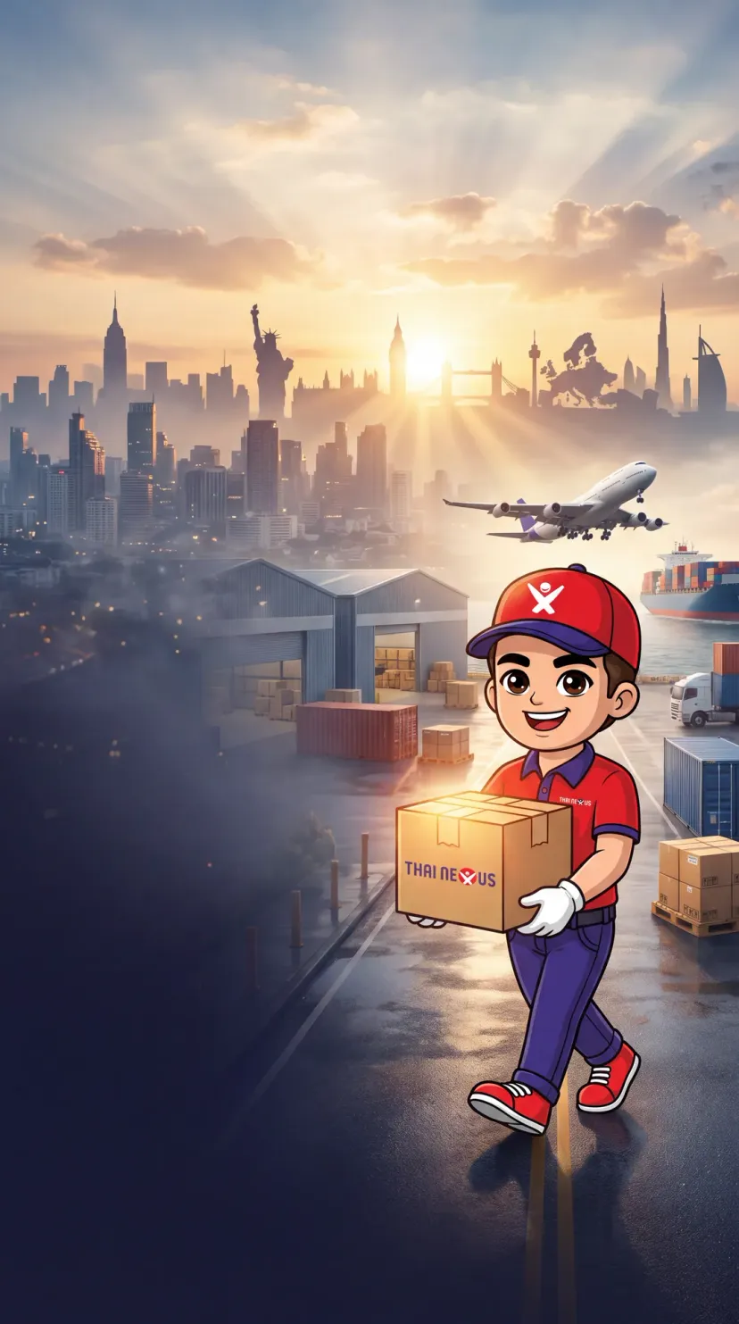 Thai Nexus courier carrying a parcel at a Thai port, with world landmarks on the horizon